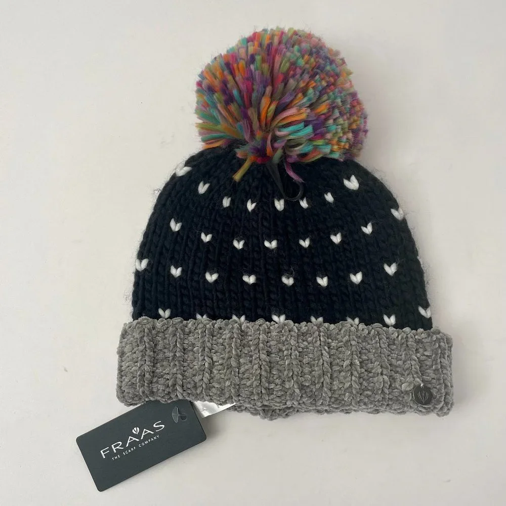 New With Tags V Fraas Pom Pom Hat Toque, Black/Grey - Picture 1 of 5